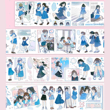Anime School Life PET Tape – anime-style illustrated girls in blue school uniforms in everyday school moments