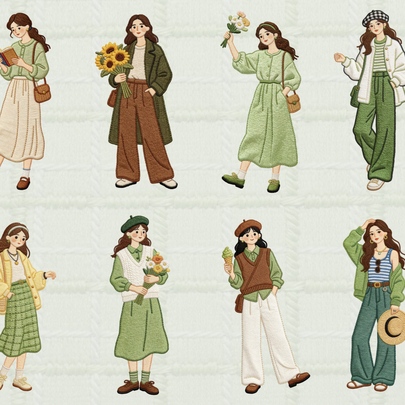 Retro character card sticker pack with textured girls, cameras, hats, beach scenes, and slow-life travel details