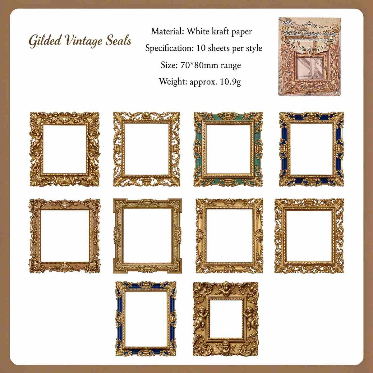 Gilded Vintage Seals style: ten gold square frame sticker designs