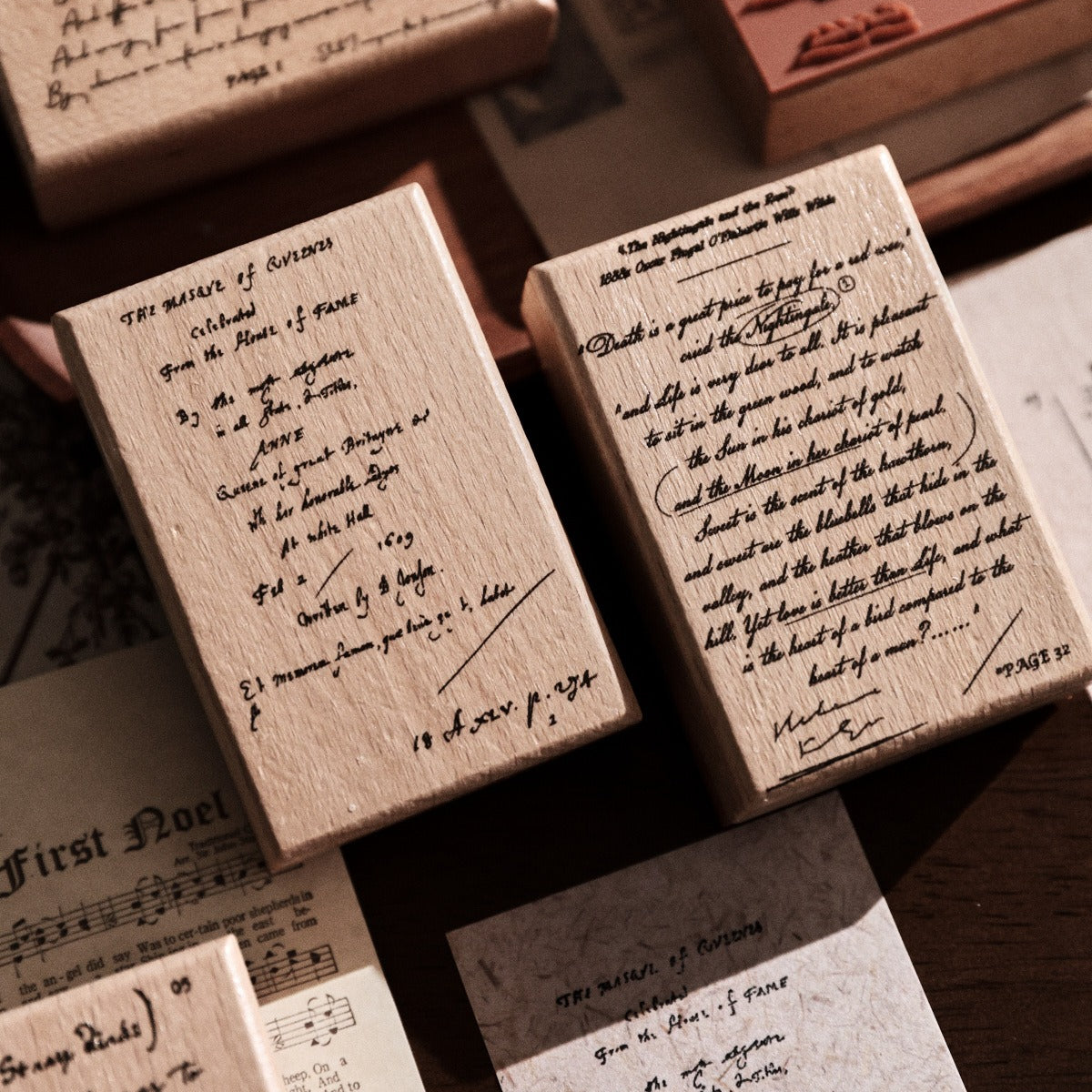 Vintage wooden stamp set with literary text designs