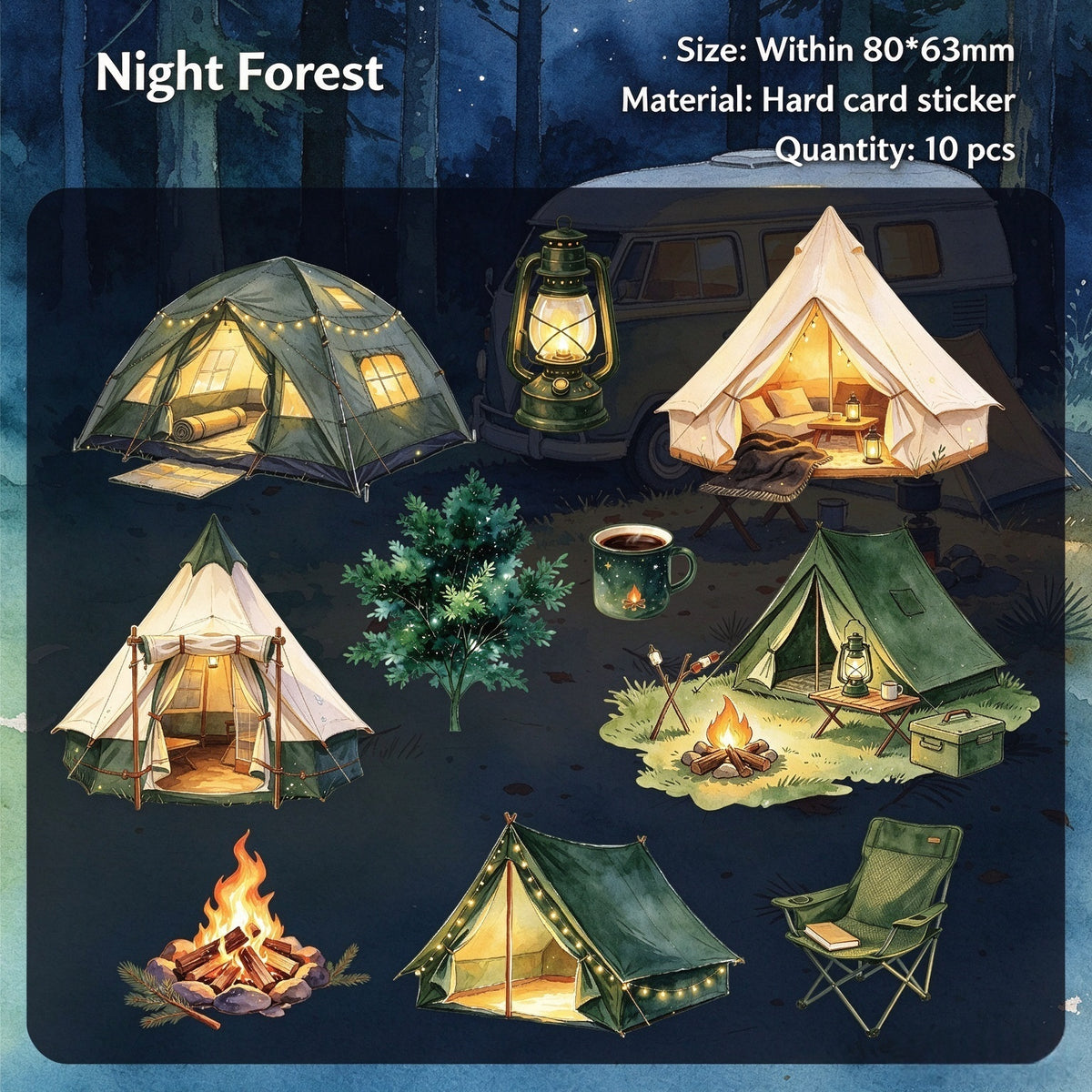 Night Forest style camping stickers