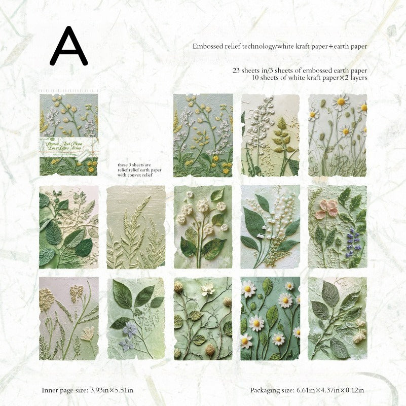 Vintage botanical relief scrapbooking paper with flower and leaf textures