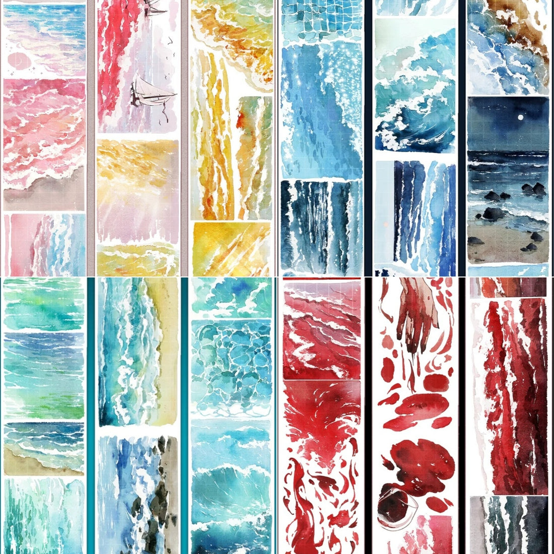 Ocean watercolor PET tape collection with blue, green, red, and pink sea scene panels