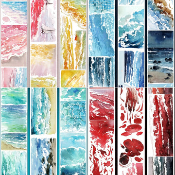Ocean watercolor PET tape collection with blue, green, red, and pink sea scene panels