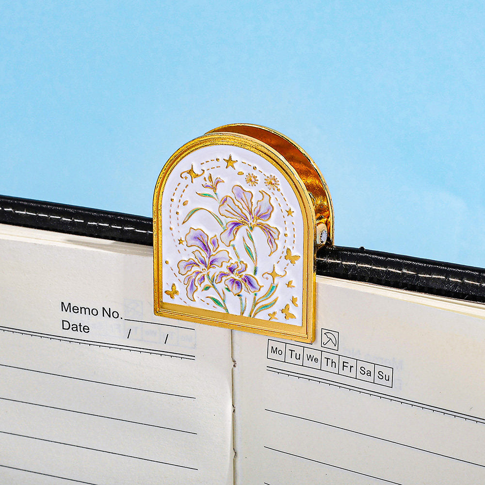 Embossed floral metal journal clip in gold-tone finish