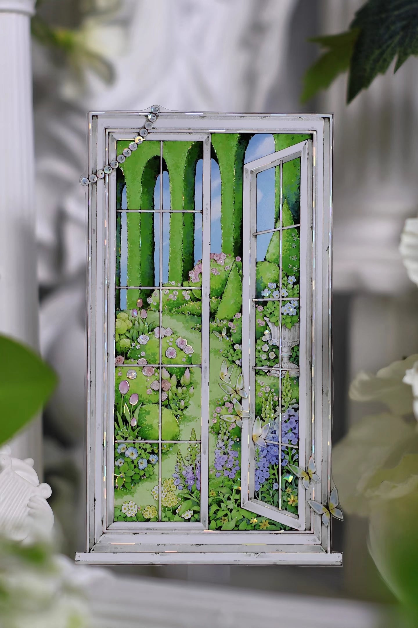 Elegant Castle Garden Window PET Tape featuring arched windows revealing magical gardens, blooming flowers, and fairytale towers.