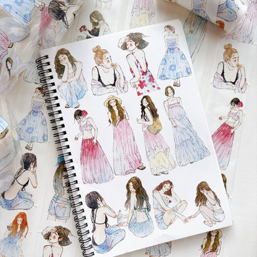 Die-cut PET tape of watercolor-style girls in summer dresses