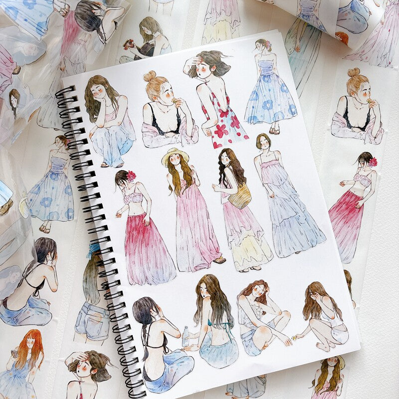 Die-cut PET tape of watercolor-style girls in summer dresses