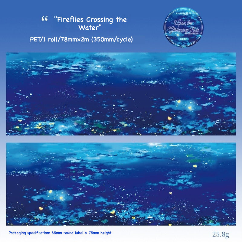 Firefly Crossing – glowing fireflies tracing dusk river surface, mystical journal tape