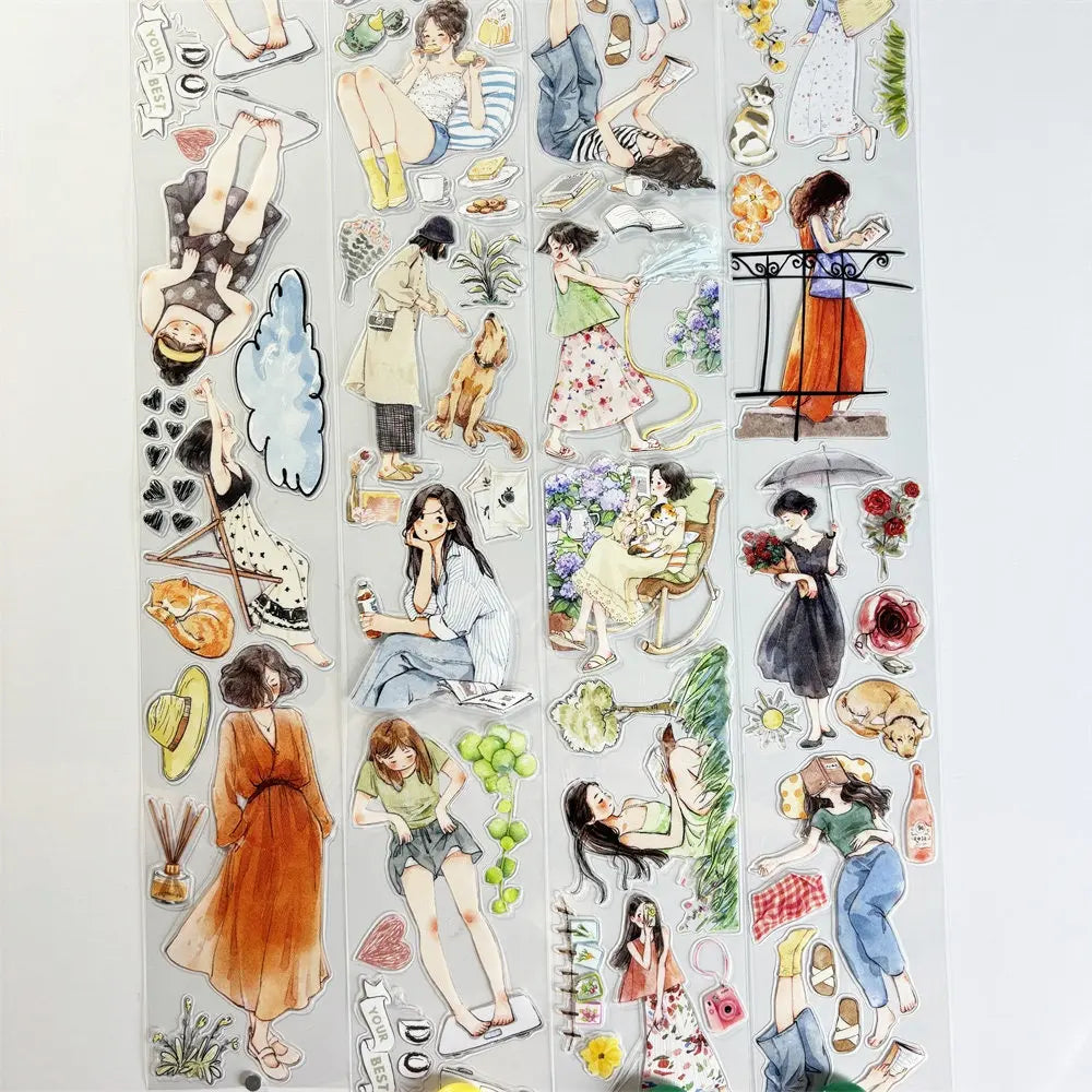 All four Slow Life Girls PET sticker strips laid flat — full set of watercolor illustrated everyday scenes on transparent base