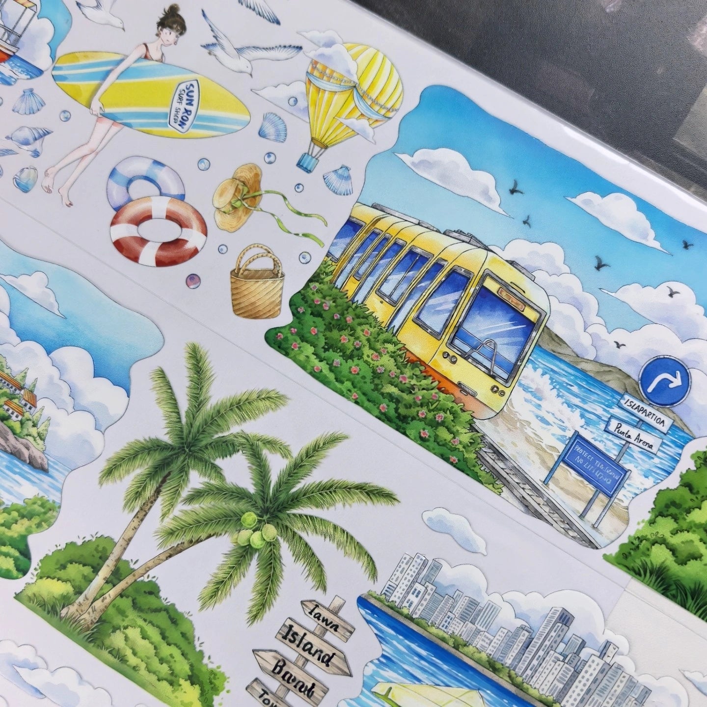 Midsummer Tide PET tape with a seaside train, surfer, palm trees, and skyline
