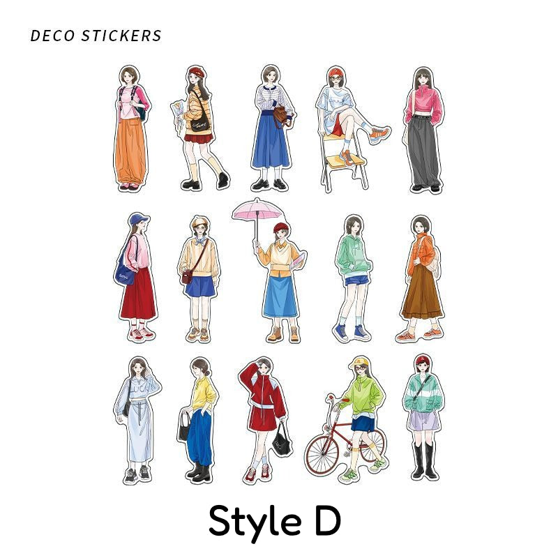 Style D Ideal Life PET sticker sheet with girl characters, colorful outfits, bicycle, and casual poses