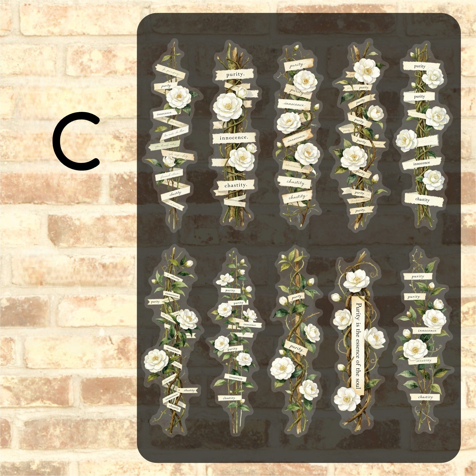 Style C vintage botanical flower sticker sheet with white flowers and soft neutral labels