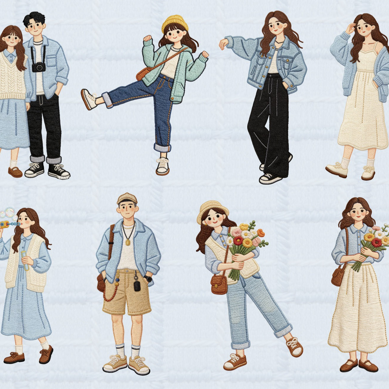 Retro character card sticker pack with textured girls, cameras, hats, beach scenes, and slow-life travel details