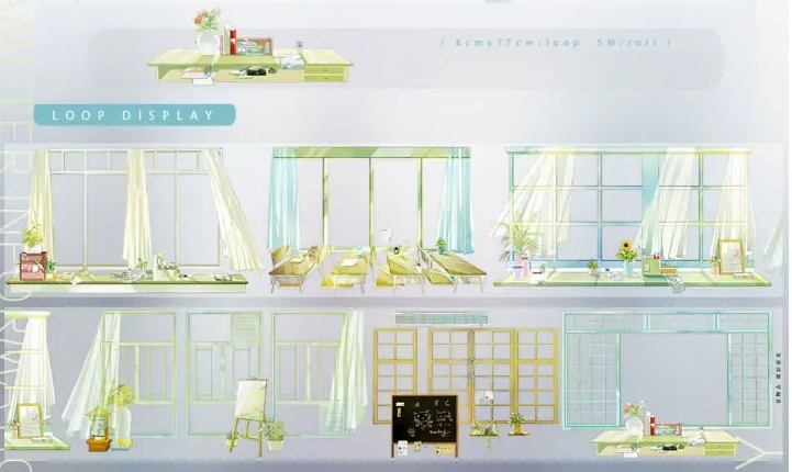 By the Window PET tape product card showing airy window scenes with sheer billowing curtains, sunflowers, and plants — loop display with French, lattice, and Japanese shoji window variations