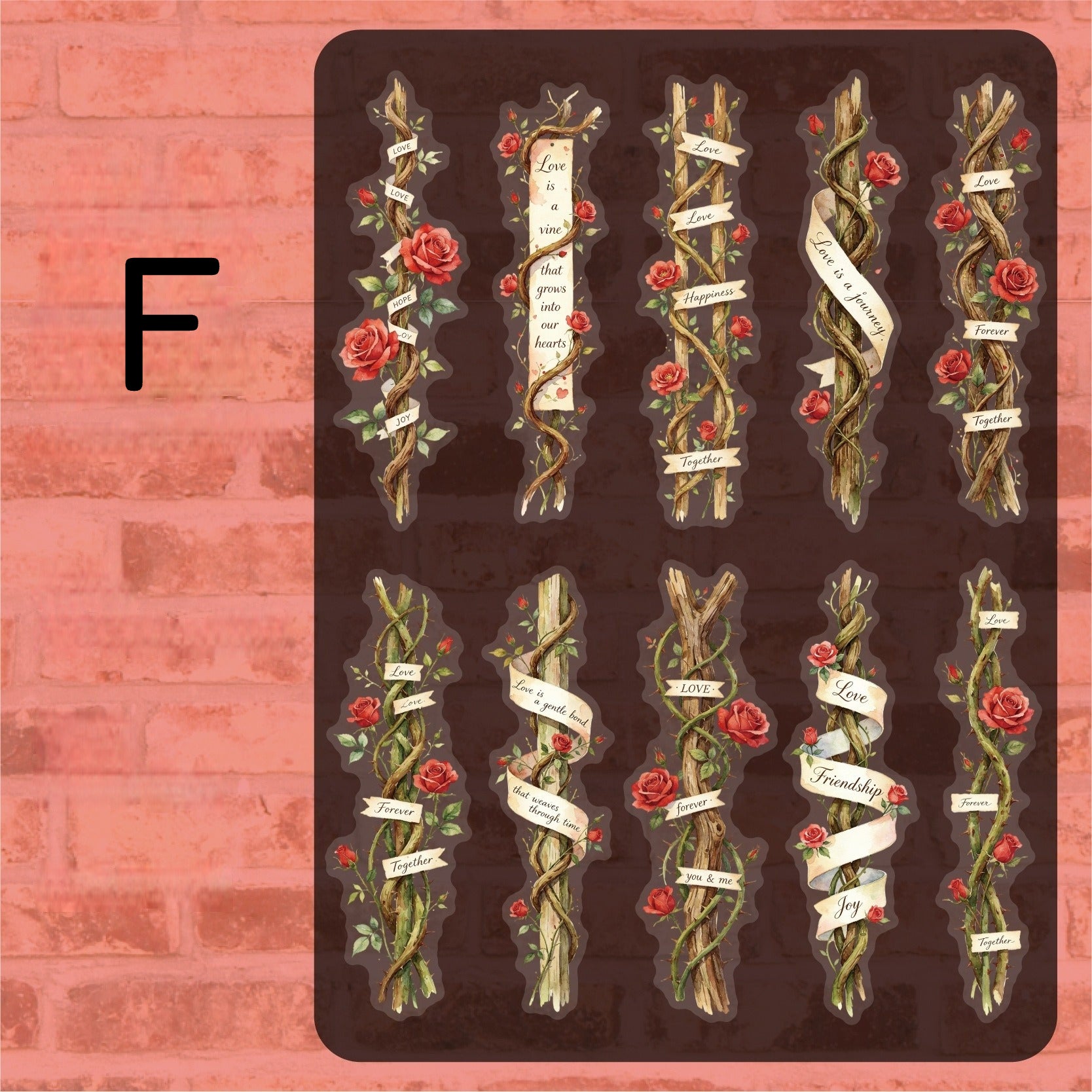 Style F vintage botanical flower sticker sheet with red roses, vines, and label strips