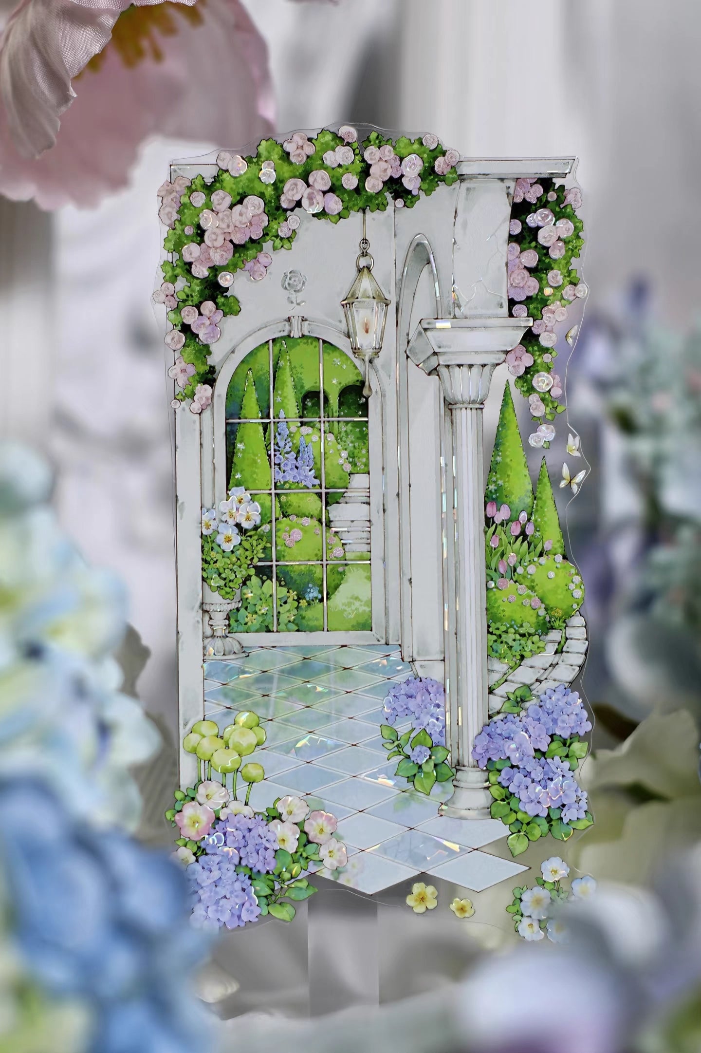 Elegant Castle Garden Window PET Tape displaying arched windows with views of lush gardens, sparkling ponds, and fairytale towers.
