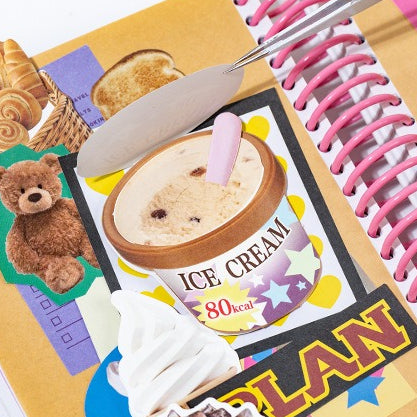 Fragments scrapbook kit with no-cut food pieces, daily notes, photo layouts, memory book cards, and handmade paper scenes
