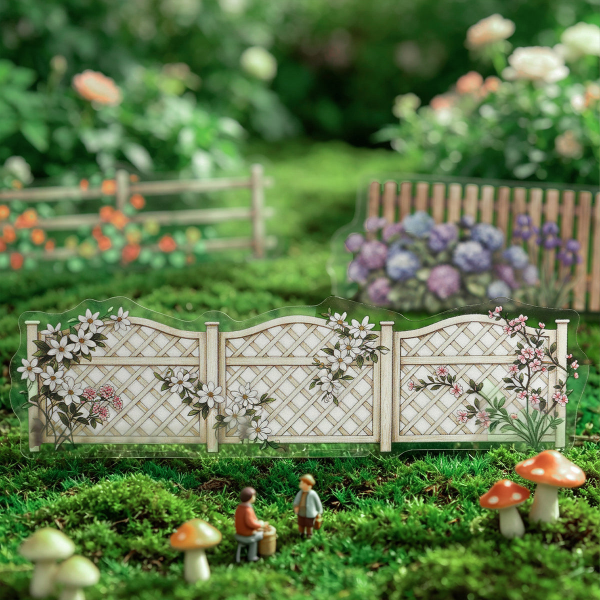 Border sticker of an iron fence with climbing roses, "Flower Fence Whispers"