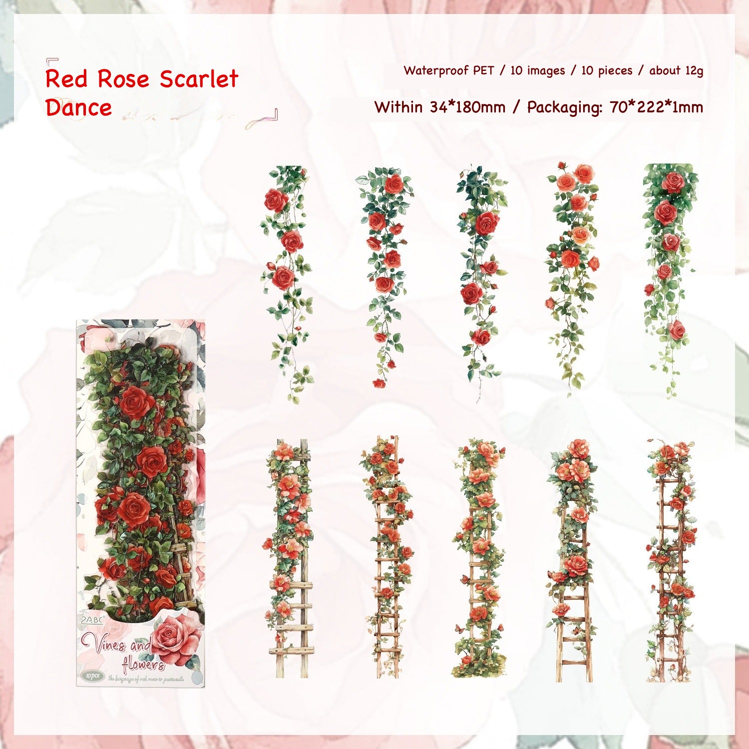 Vines and Flowers climbing vine sticker strips in red rose, orange, green, pink and blue colorways