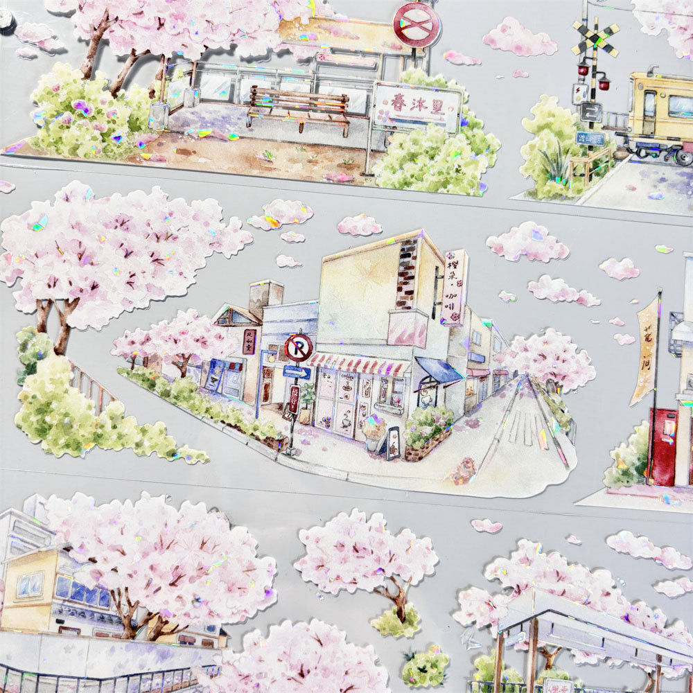 Delicate cherry blossom streets shimmer with a shell-like glow on this Sakura Street Shell Shine PET Tape, evoking a serene springtime escape.