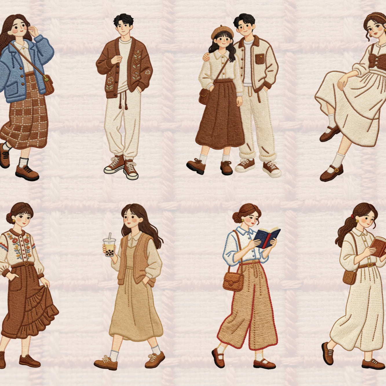 Retro character card sticker pack with textured girls, cameras, hats, beach scenes, and slow-life travel details