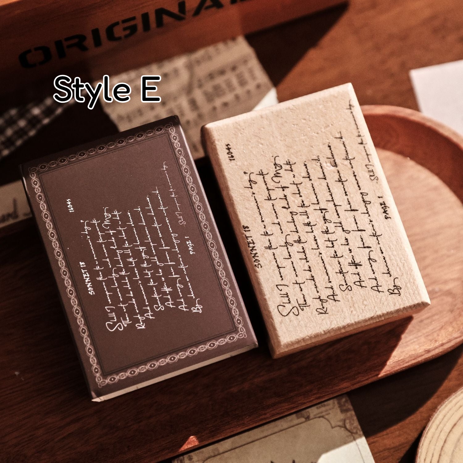 Vintage wooden stamp set with literary text designs