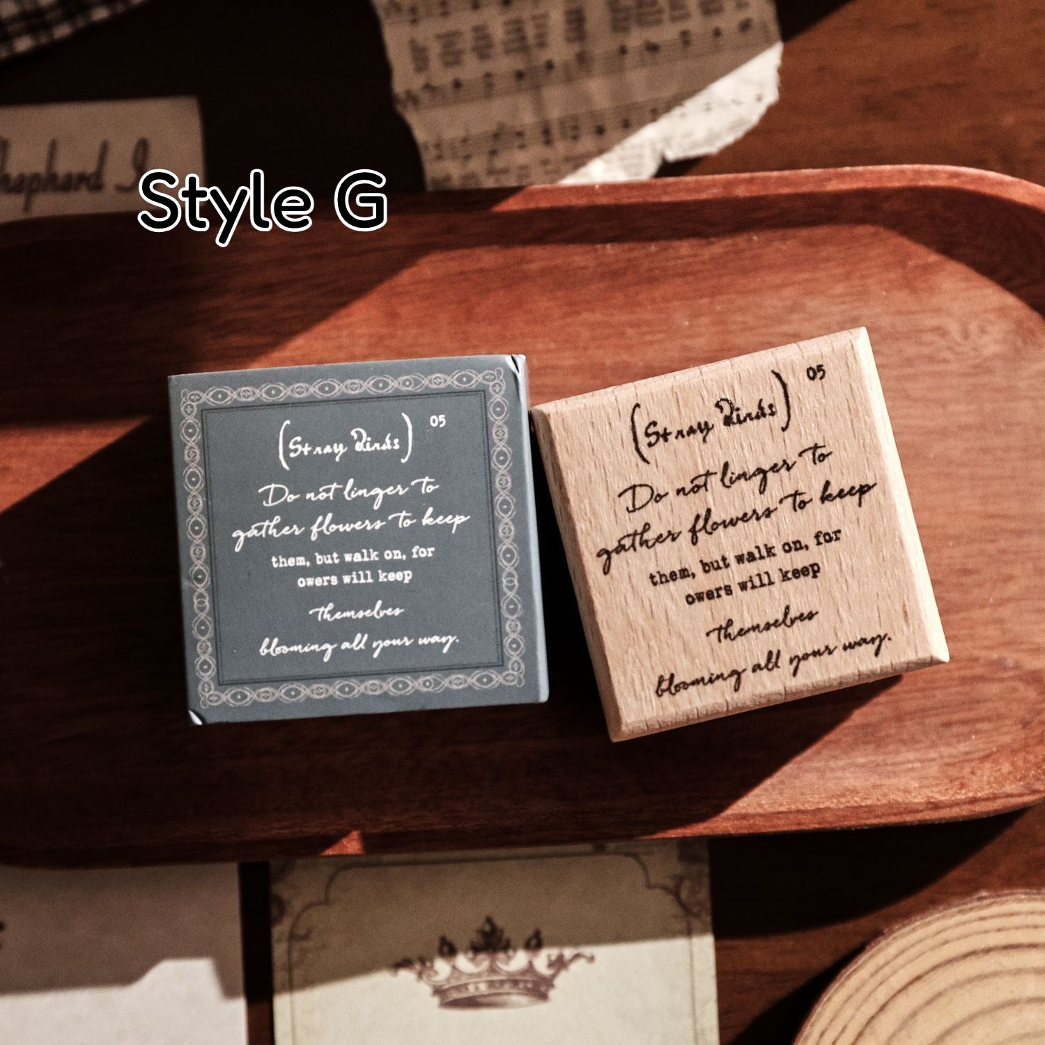 Vintage wooden stamp set with literary text designs
