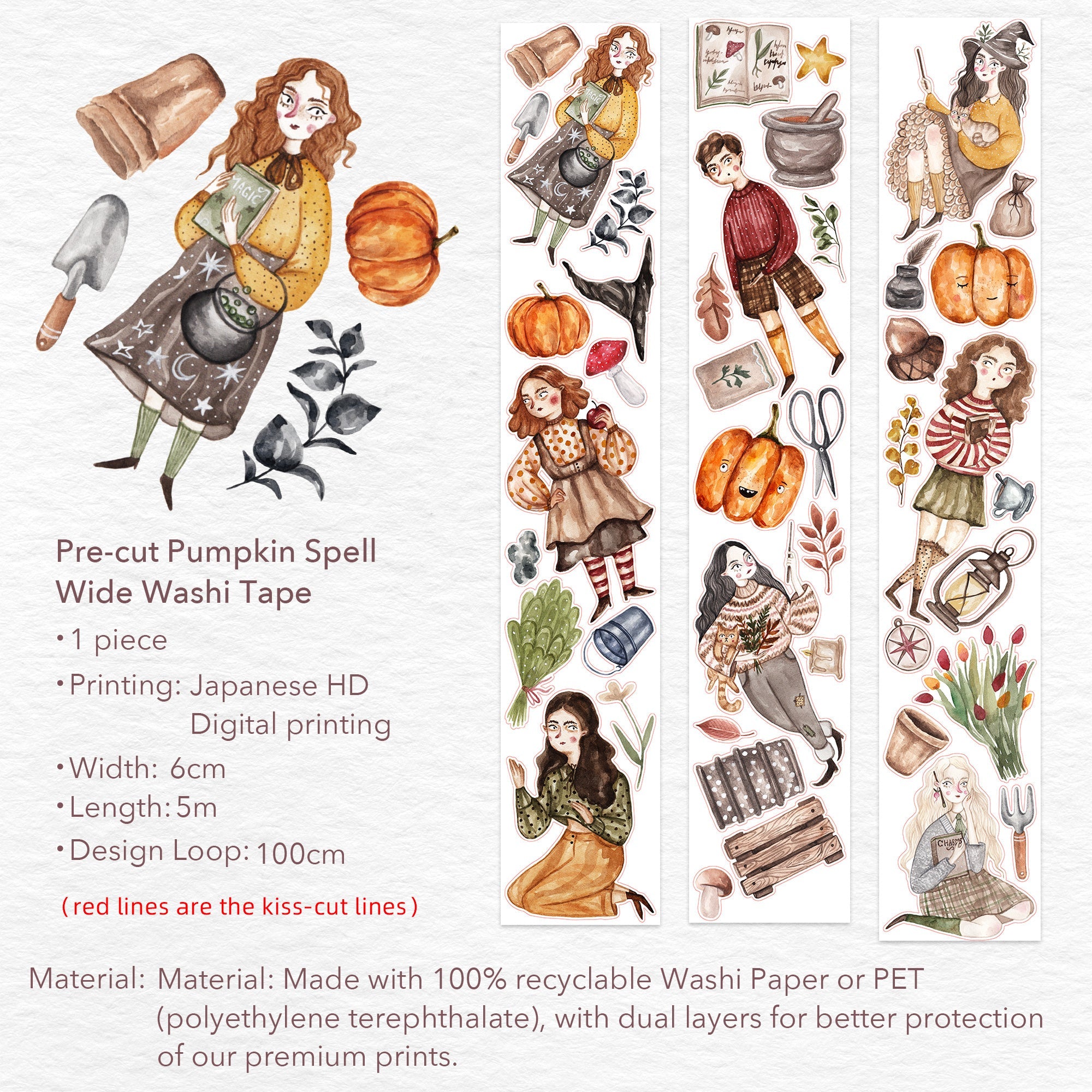 Pre-cut Pumpkin Spell Wide Washi/PET Tape