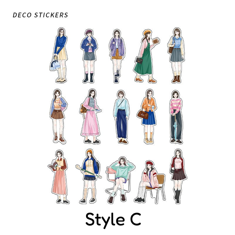 Style C Ideal Life PET sticker sheet with modern girls, school outfits, and seated character poses