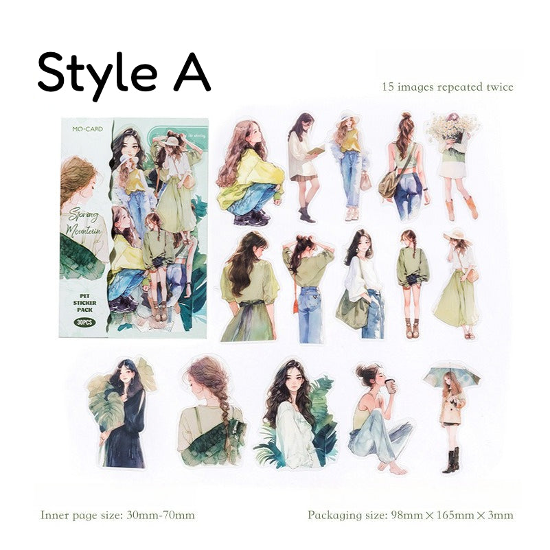 PET sticker pack with Korean fashion character girls, casual outfits, coffee, cakes, flowers, pets, and lifestyle details