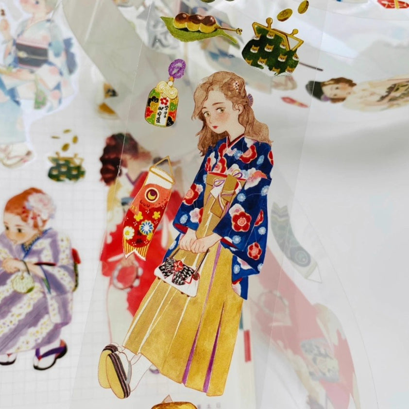 Japanese festival PET tape featuring woman in blue floral kimono, yellow skirt, red lantern decorations