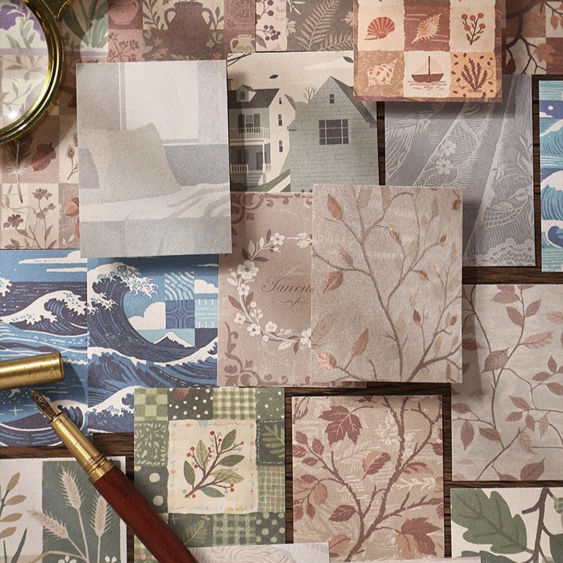 Vintage scrapbooking paper pad with botanical, fabric, ocean, pottery, and shell collage papers - image 6