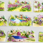 Charming Fairy Tale Town PET Tape showcasing dreamy European village scenes with soft florals and serene lakeside views.