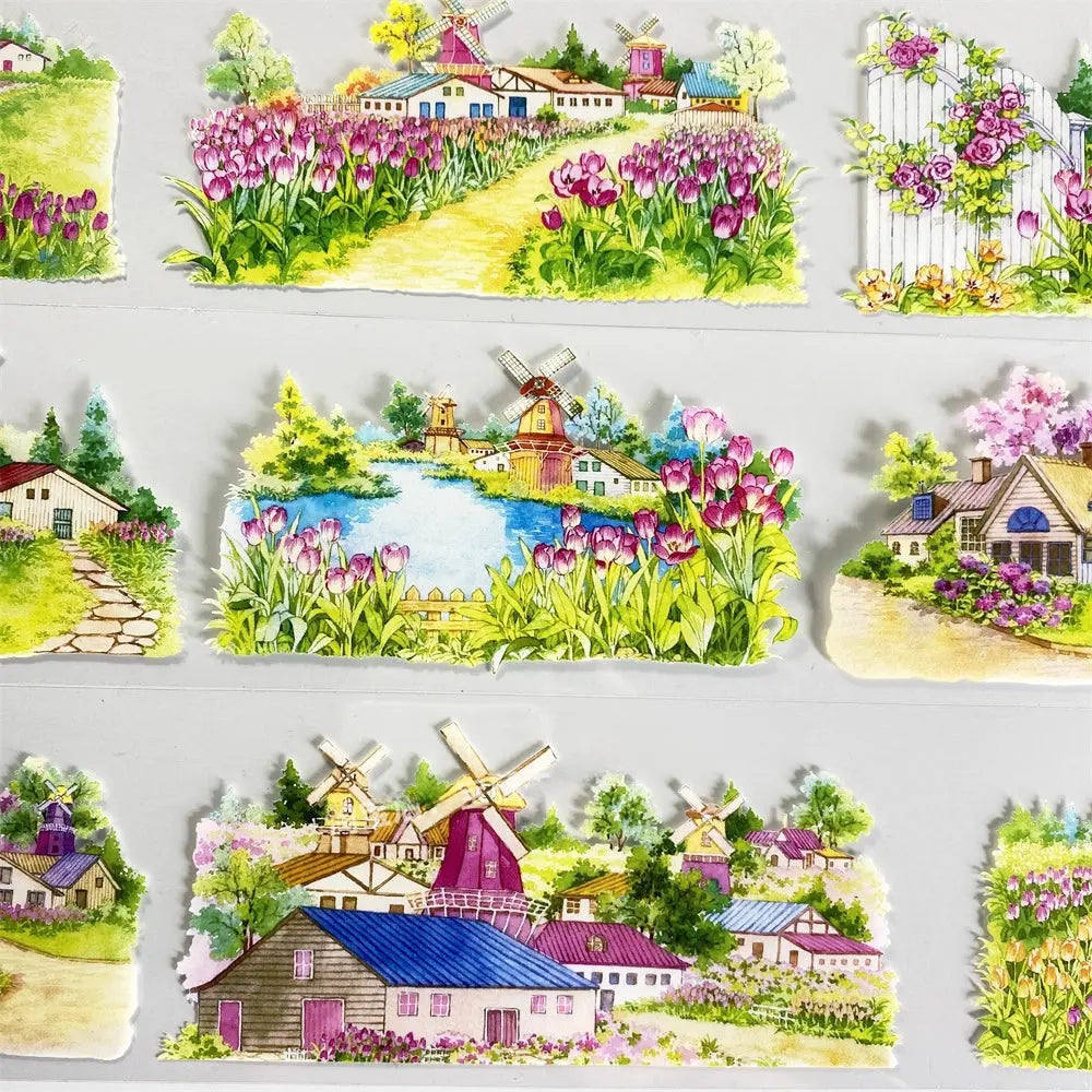 Charming Fairy Tale Town PET Tape showcasing dreamy European village scenes with soft florals and serene lakeside views.