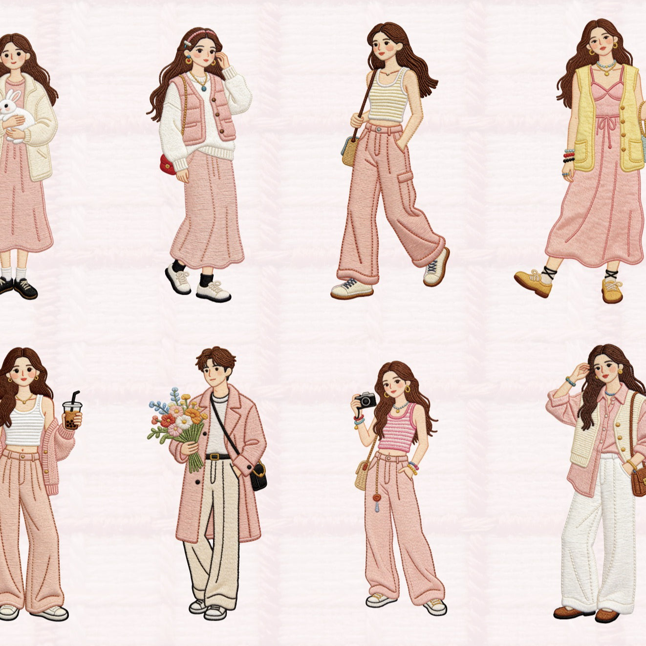 Retro character card sticker pack with textured girls, cameras, hats, beach scenes, and slow-life travel details