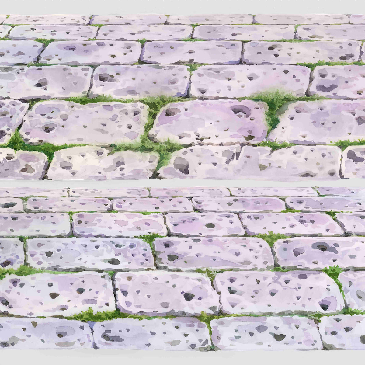 Ground Scenery PET Tape – weathered purple-gray stone brick pavement with grass growing between the stones