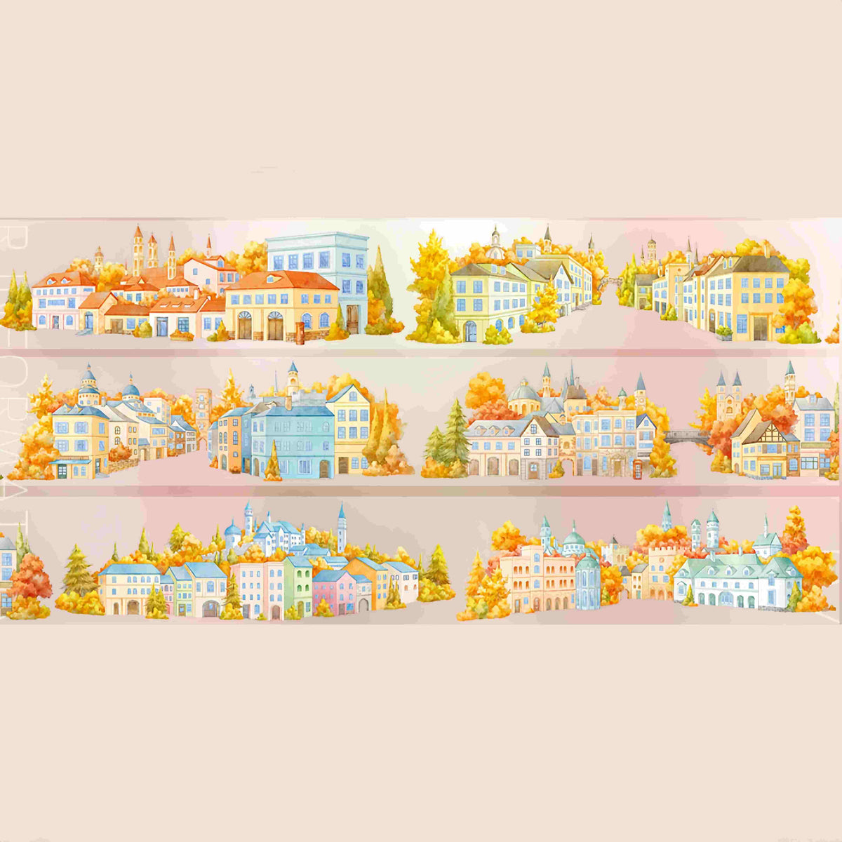 Design from the 10-piece Autumn Town & Garden Collection decorative tape, featuring an autumn townscape motif