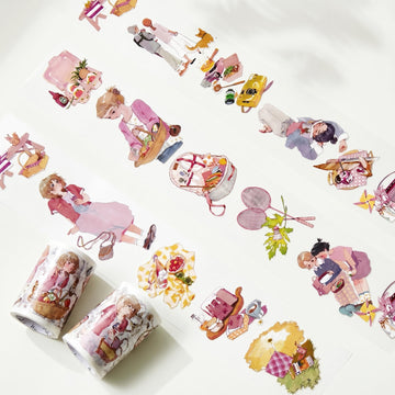 Picnic Day character PET tape with illustrated girls, baskets, snacks, badminton rackets, cameras, pets, and picnic details