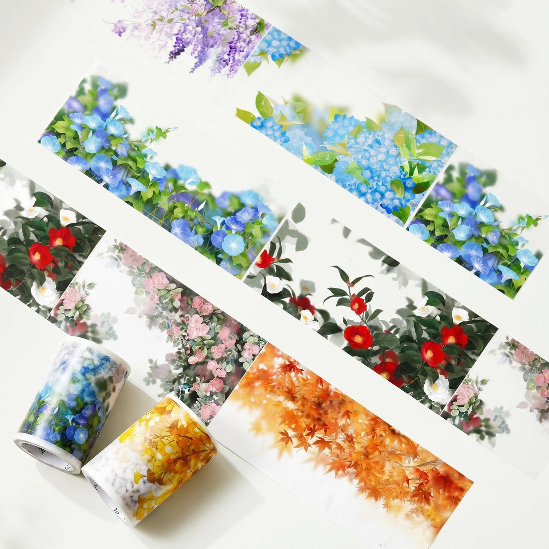 Flower shadow botanical PET tape with soft flowers, green leaves, wisteria, blue blooms, camellias, roses, and autumn foliage