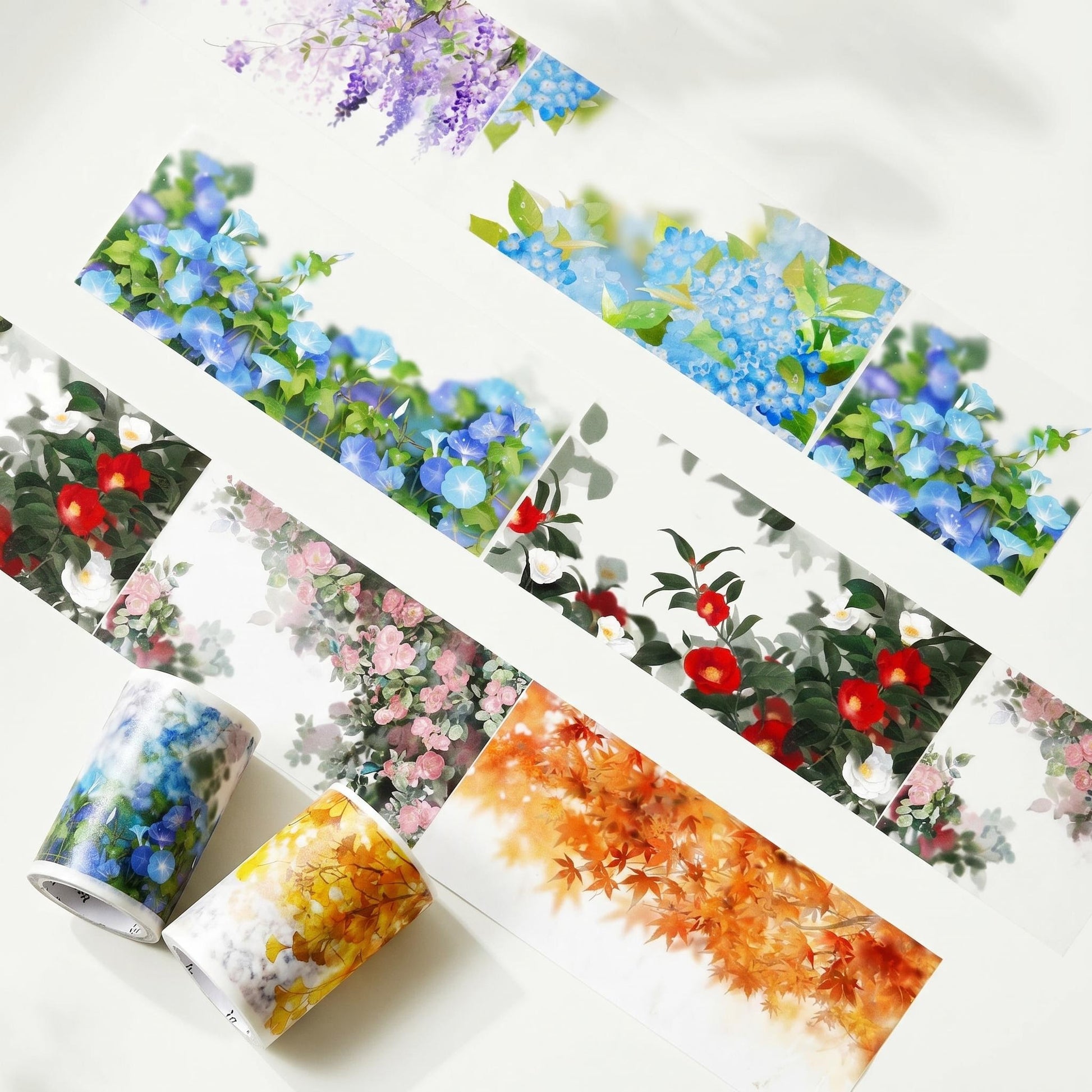 Flower shadow botanical PET tape with soft flowers, green leaves, wisteria, blue blooms, camellias, roses, and autumn foliage