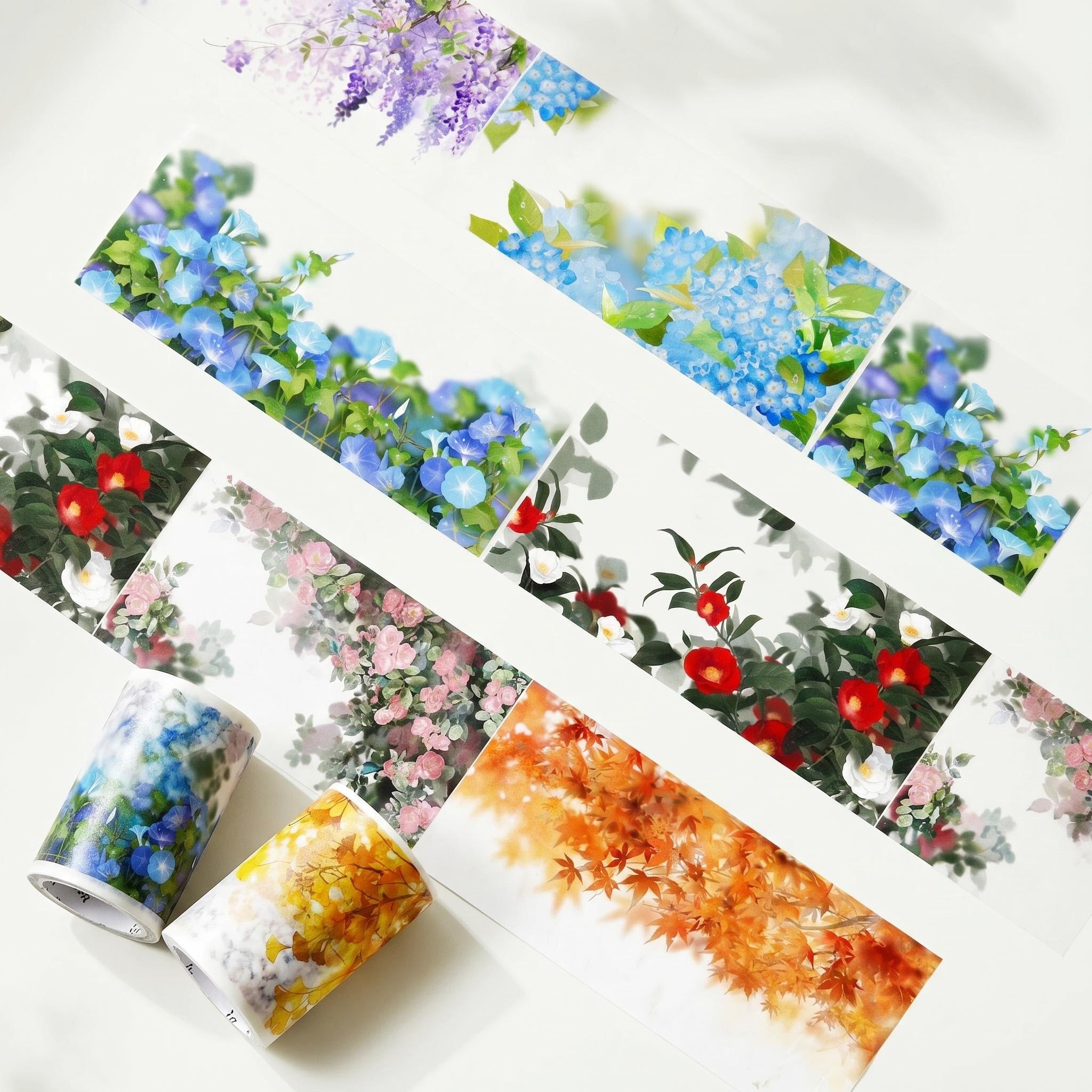 Flower shadow botanical PET tape with soft flowers, green leaves, wisteria, blue blooms, camellias, roses, and autumn foliage