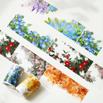 Flower shadow botanical PET tape with soft flowers, green leaves, wisteria, blue blooms, camellias, roses, and autumn foliage