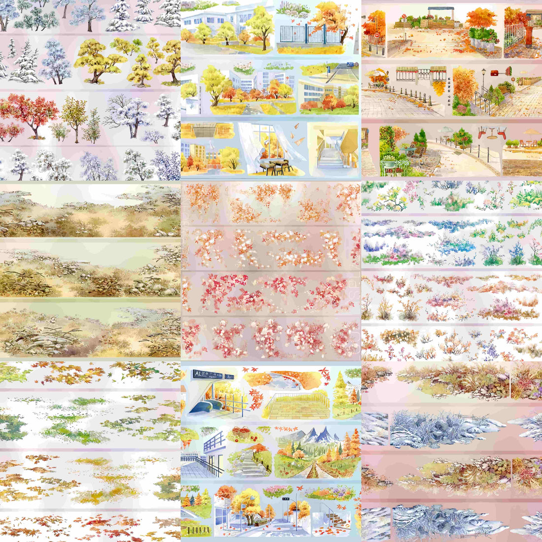 Overview of the Autumn Campus & Meadow Collection tape featuring campus buildings, garden paths, meadows, blossom branches, and falling leaves (10 designs, A-J)