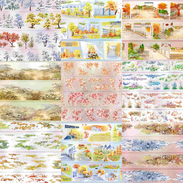 Overview of the Autumn Campus & Meadow Collection tape featuring campus buildings, garden paths, meadows, blossom branches, and falling leaves (10 designs, A-J)