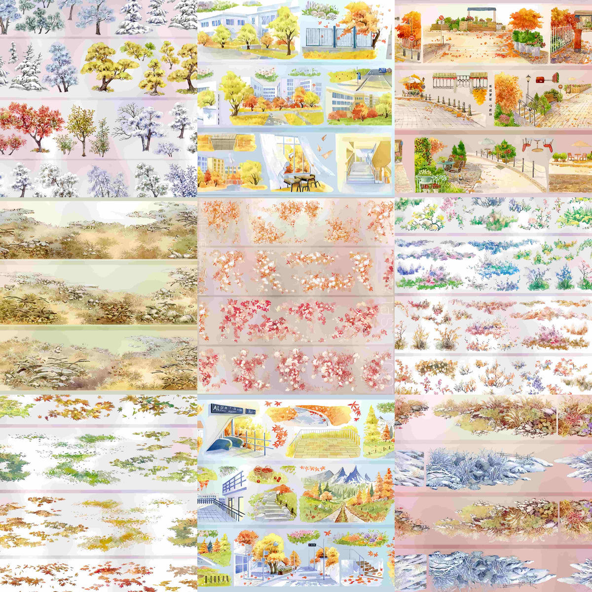 Overview of the Autumn Campus & Meadow Collection tape featuring campus buildings, garden paths, meadows, blossom branches, and falling leaves (10 designs, A-J)