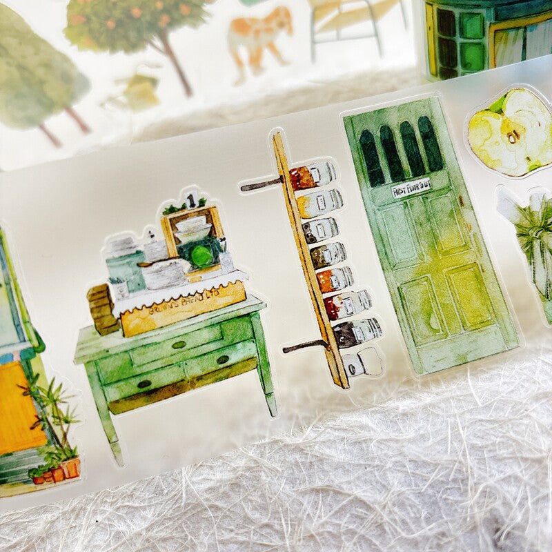Greenery Home PET Tape with plants and interior decor illustrations
