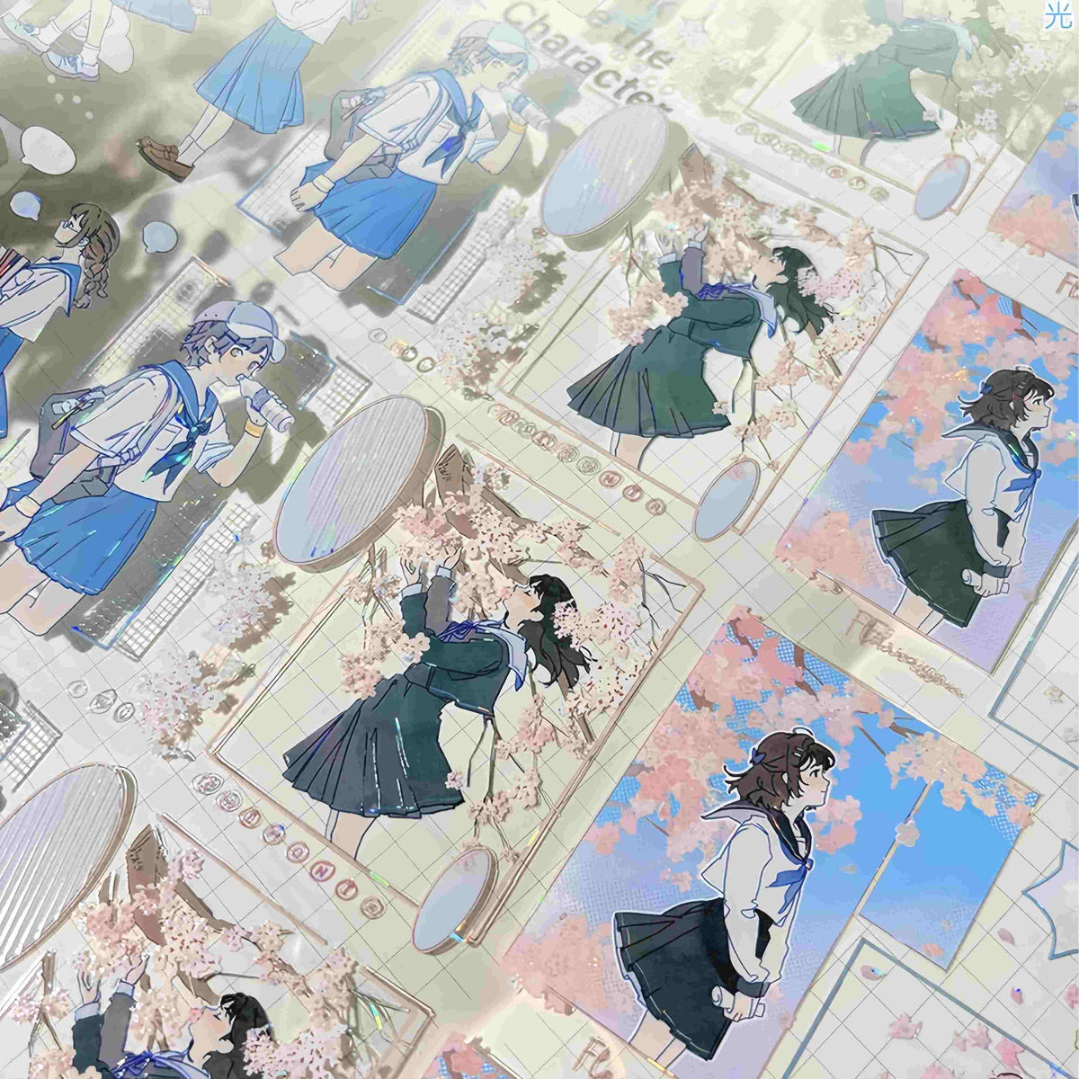 Anime School Life PET Tape – anime-style illustrated girls in blue school uniforms among cherry blossoms