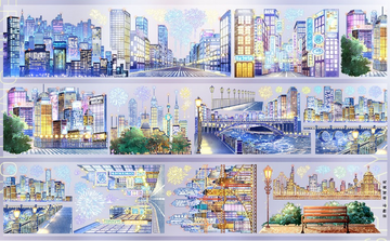 Night City Shimmer PET tape strips showing panoramic urban cityscapes with roads, bridges, buildings, and green spaces in warm afternoon light