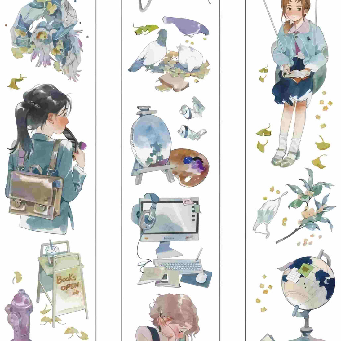 Anime-style illustrations of a student with a backpack, a book stand sign, and a fire hydrant, accented with ginkgo leaves